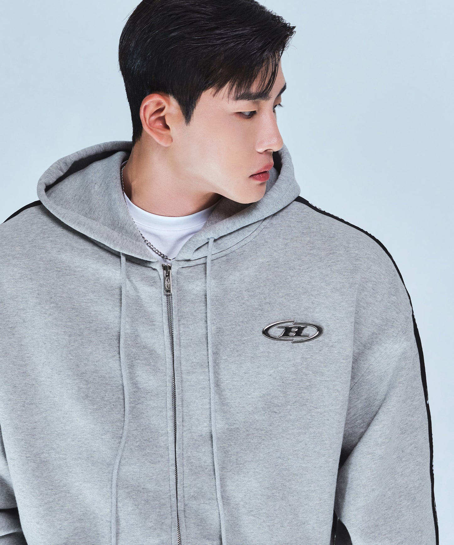 BIG CHROME B BLACK LINE ZIP-UP HOODIE [MELANGE GREY]