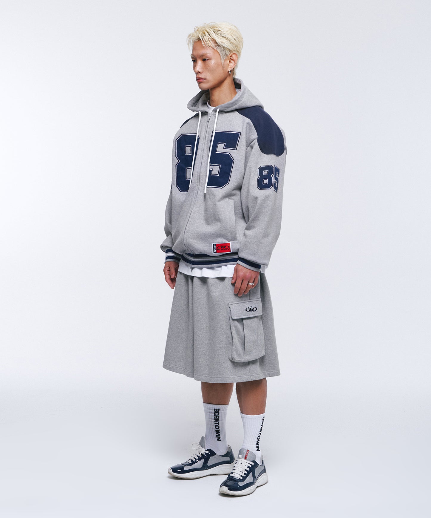 85 APPLIQUE RUGBY HOODIE ZIP-UP [GREY]