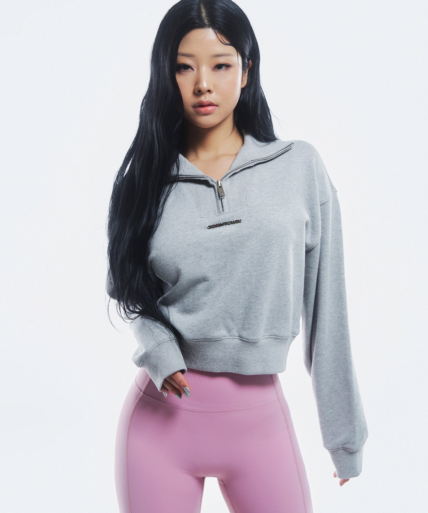 RIB MIX CROP HALF ZIP-UP [MELANGE GREY]