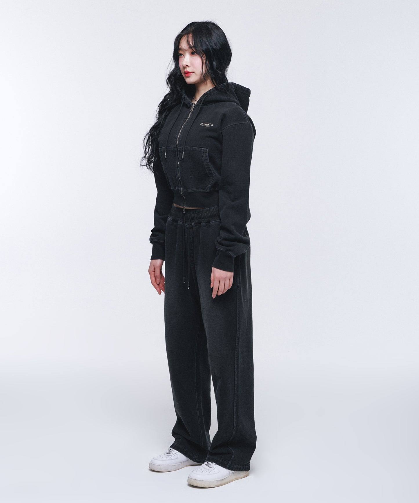 W DENIM LIKE HOODIE ZIP-UP [BLACK DENIM]