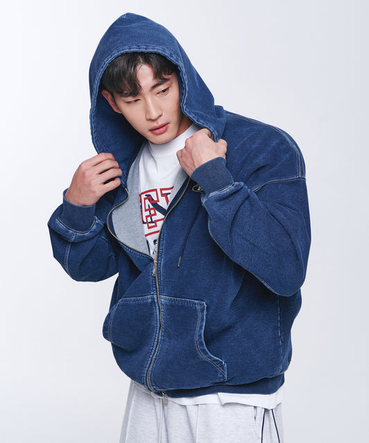 DENIM LIKE HOODIE ZIP-UP [MID DENIM]