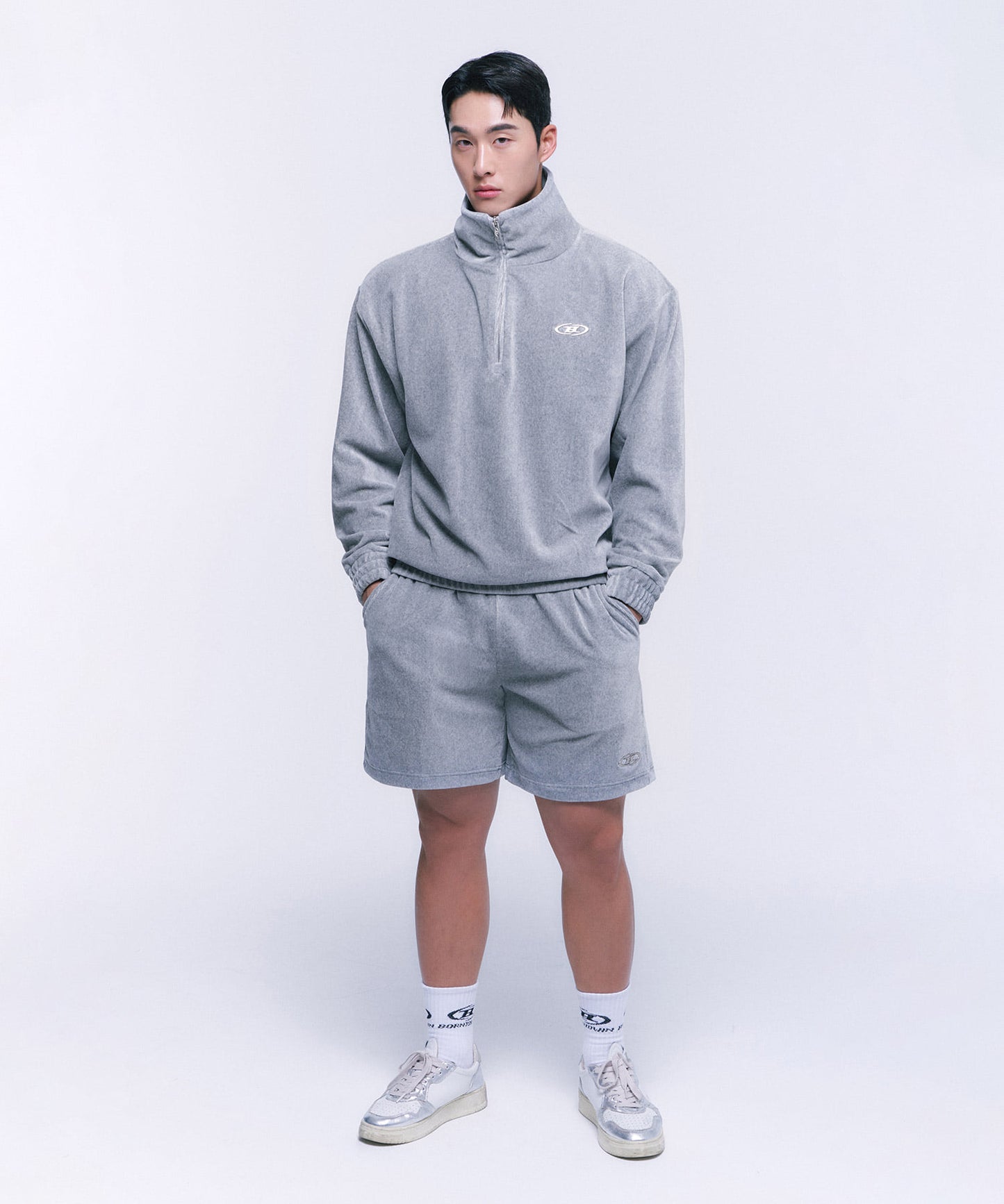 B CHROME VELOUR HALF PANTS [MELANGE GREY]