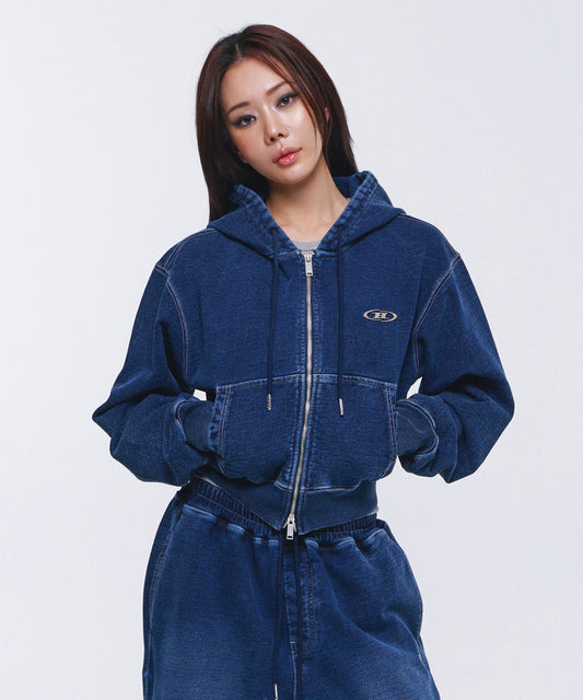 W DENIM LIKE HOODIE ZIP-UP [MID DENIM]