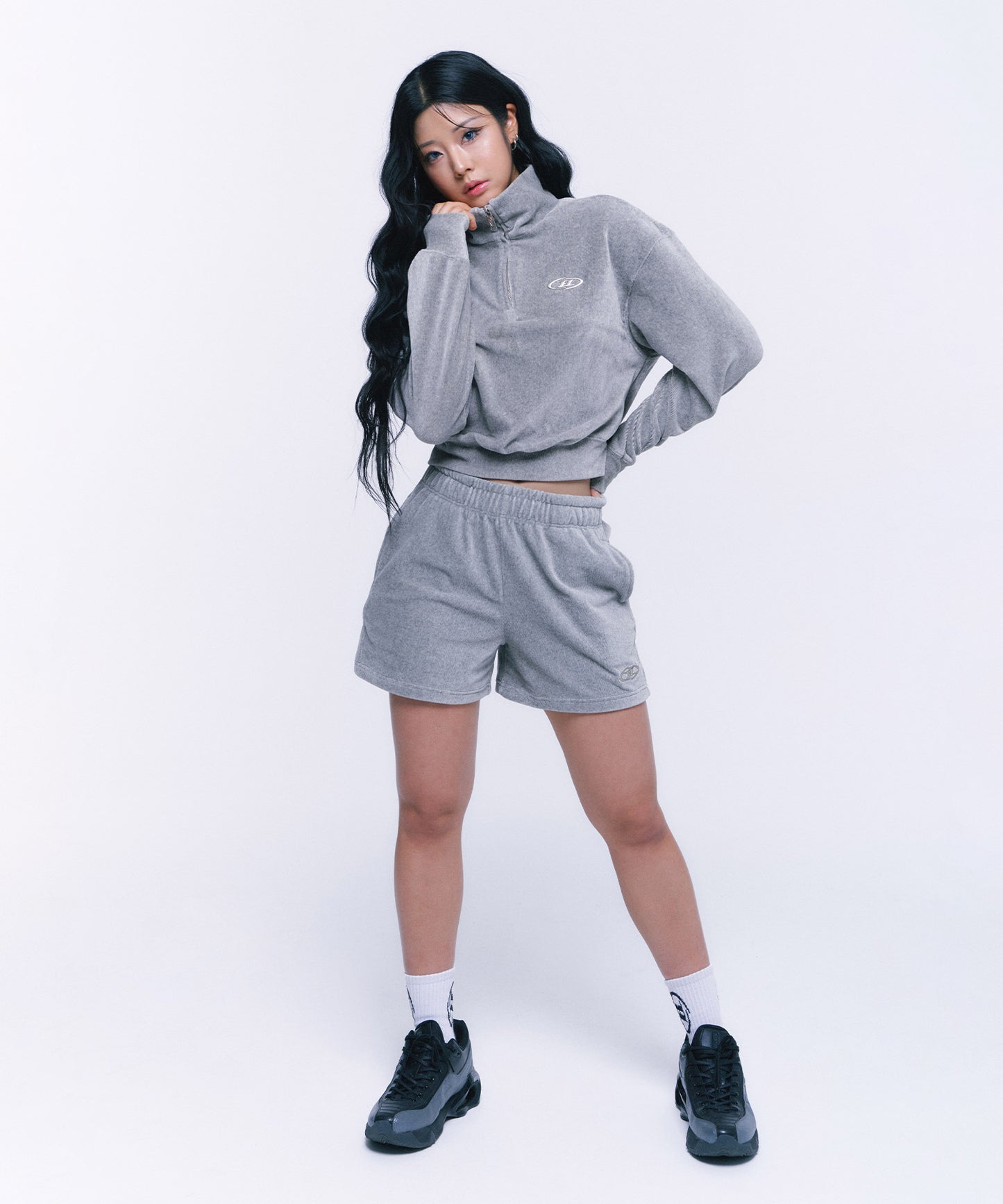 B CHROME CROP VELOUR HALF ZIP-UP [MELANGE GREY]