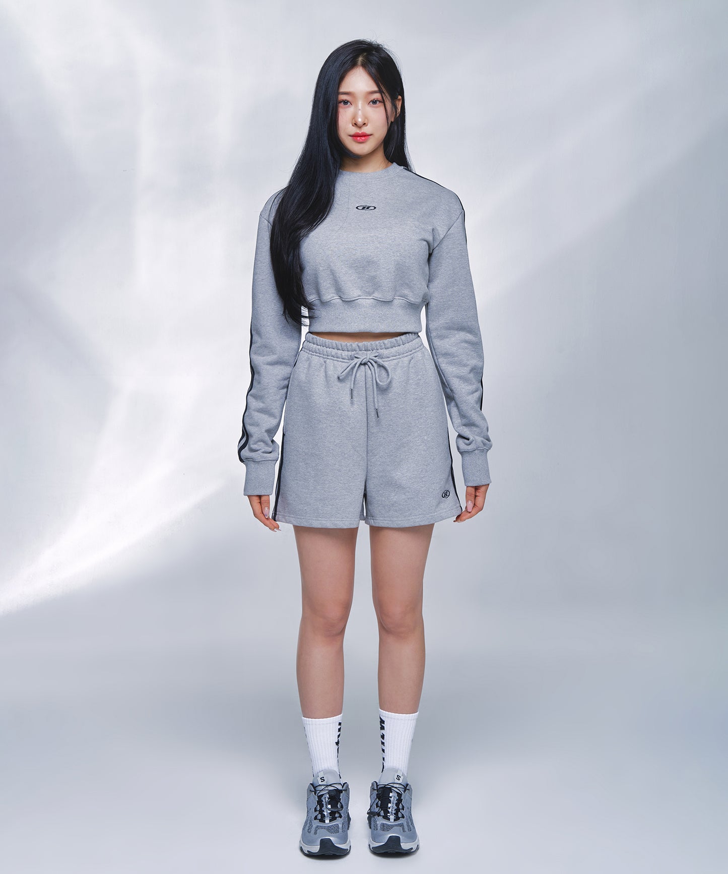 TRACK LINE B LOGO CROP SWEATSHIRTS [MELANGE GREY]